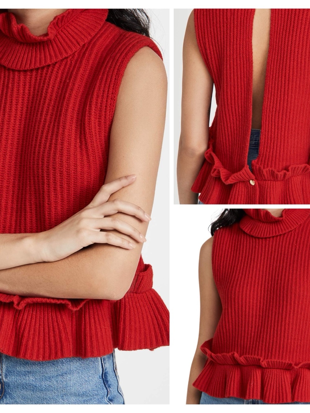 GANNI Ruffled Sleeveless Rib Knit Top In Red, S - Picture 2 of 6